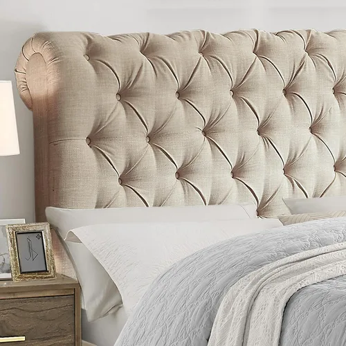 Vista 4 de Rosevera Gideon - Marco de cama tapizado de tela con cabecera ajustable, estilo Chesterfield, soporte de listones de madera, fácil montaje