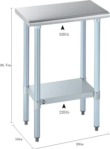 Vista 4 de ROCKPOINT Mesa de acero inoxidable para preparación y trabajo, 14x24 pulgadas; mesa de cocina comercial de metal NSF resistente con estante inferior