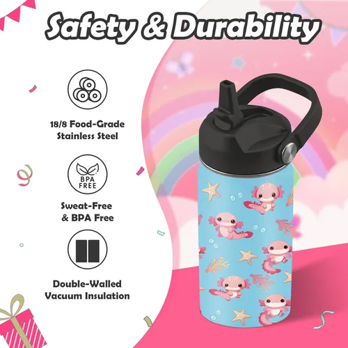 Vista 4 de Axolotl - Botella de agua de 12 onzas con tapa con pajilla, botella de agua de acero inoxidable con diseño de ajolotes para niñas, taza aislada