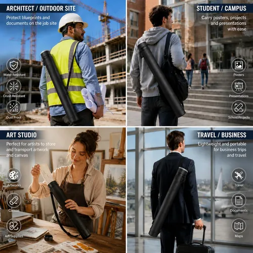 Vista 6 de Henoyso 1 tubo extensible para póster a granel con soporte para correa y estuche de transporte para mapas, documentos, obras de arte, pancartas (L)