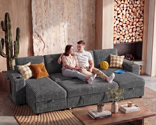 Vista 19 de WEUP Sofá cama modular de 111 pulgadas con cama extraíble, sofá de pana de felpa en forma de L de 7 asientos con diván de almacenamiento, puertos