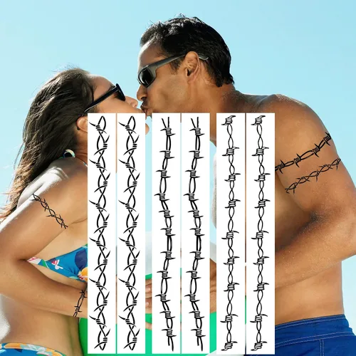 Vista 4 de Tatuajes de alambre de púas, 6 hojas grandes de tótem de alambre de púas, tatuajes falsos para hombres y mujeres, realistas, impermeables