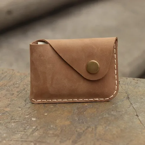 Vista 6 de Bolsillo frontal ultradelgado de cuero hecho a mano cartera simple delgada para tarjetas tarjetero cartera para tarjetas de presentación para Marrón