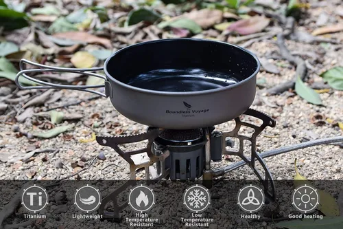 Vista 9 de Boundless Voyage Sartén antiadherente de titanio con mango plegable, revestimiento de cerámica antiadherente, olla de cocina para acampar al aire