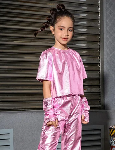 Vista 3 de Perfashion Camisas metálicas para niñas con mangas de brazo, top corto brillante para baile, raves, festivales, disfraces de 4 a 15 años