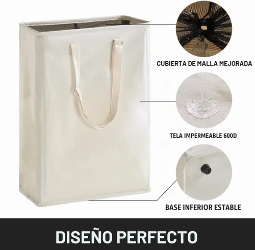 Vista 4 de Cesta de lavandería delgada de 45L con asas largas ajustables y parte superior de malla, color beige