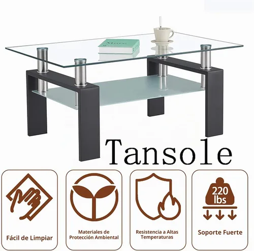 Vista 5 de Mesa de centro rectangular de vidrio de 39.4 pulgadas, mesa de centro negra con vidrio templado y patas de metal, mesa central moderna de 2 niveles