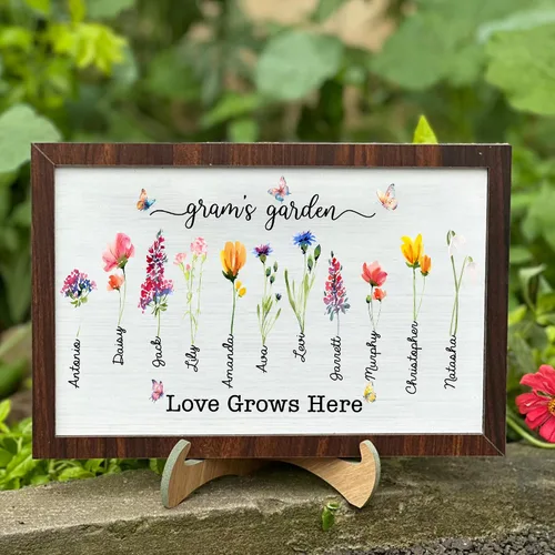 Vista 41 de Nazenti Letrero personalizado con marco de jardín de la abuela con nombres de nietos y flor de nacimiento para regalo del día de la madre, regalos