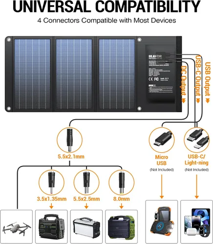 Vista 3 de BLAVOR Cargador solar de 30W USB-A QC3.0 24W USB-C DC 30W de salida, panel solar plegable para acampar, IPX4 impermeable, cargador de batería solar