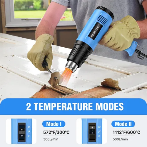 Vista 3 de Seekone Pistola de calor, kit de pistola de aire caliente de 1800 W de alta resistencia, configuración de temperatura dual 299℃ y 599℃, pistola