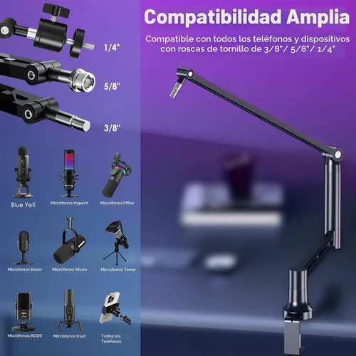 Vista 4 de CreaDream Brazo de brazo de micrófono, soporte de escritorio de bajo perfil con adaptador de tornillo, soporte para teléfono, columna de elevación