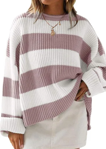 Vista 19 de ZESICA Suéter tejido sin botones de manga larga y cuello redondo, a rayas, bloques de color, cómodo, holgado, talla extragrande para mujer de 2024