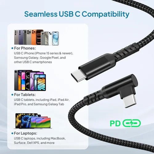 Vista 7 de Elebase para Google Pixel 9 8 USBC Cable cargador 6.6FT con adaptador USB Cable de carga USB tipo C de 90 grados para MacBook, iPad 10, iPhone Air