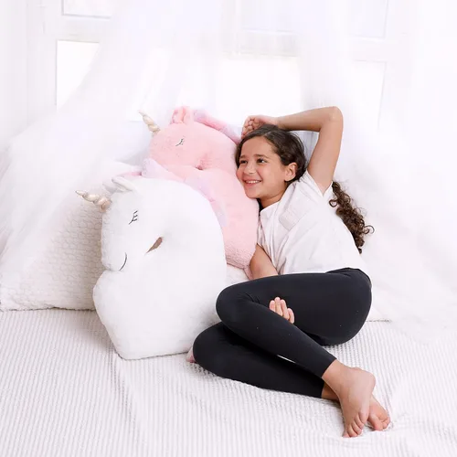 Vista 4 de Perfectto Design Juego de 2 almohadas decorativas de unicornio para la habitación de las niñas y los niños, felpa esponjosa blanca y rosa para bebé