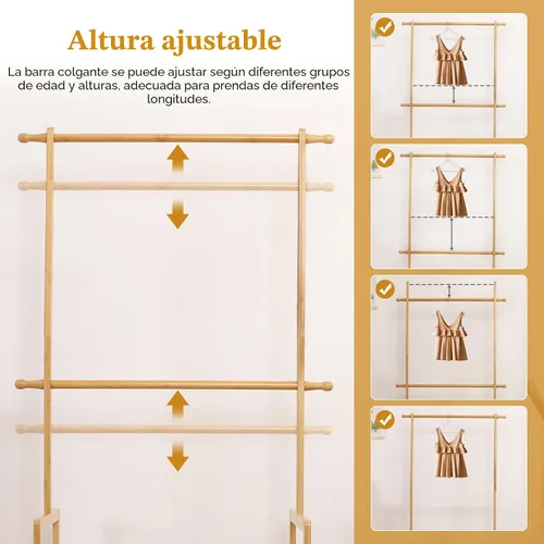 Vista 2 de Perchero de bambú para niños con 2 cestas de almacenamiento y 2 varillas ajustables para colgar, soporte para ropa infantil con estante, estantes