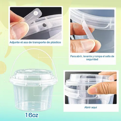 Vista 4 de Juego de 20 mini cubos para bebidas de 16 onzas, vasos de plástico transparente con tapas y pajitas, vasos desechables para bebidas frías, café