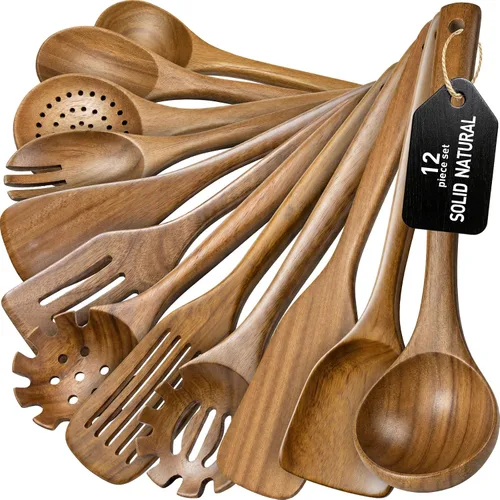 Vista 10 de Cucharas de madera para cocinar, juego de utensilios de cocina de madera, juego de 10 piezas de utensilios de cocina de madera con cucharas