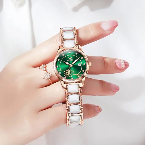 Vista 8 de OLEVS Relojes para mujer, oro rosa, de dos tonos, de moda, de cerámica, blanco, esfera rosa, roja, acero inoxidable, fecha impermeable
