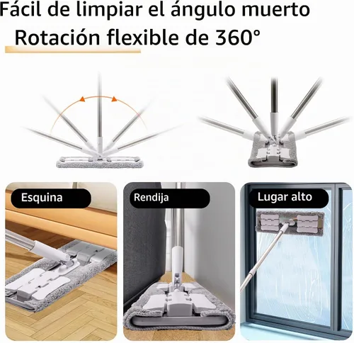 Vista 2 de Trapeador húmedo de microfibra de 360° para limpieza de suelos; 4 almohadillas de microfibra reutilizables resistentes; altura ajustable