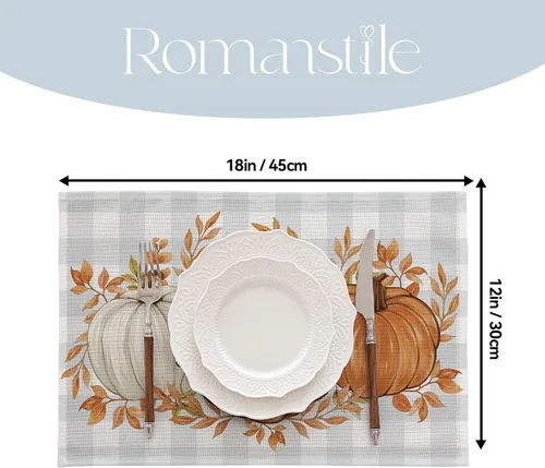 Vista 5 de Romanstile - Juego de 4 manteles individuales de otoño de 12 x 18 pulgadas, cuadros escoceses, resistentes a las manchas y lavables, para fiestas