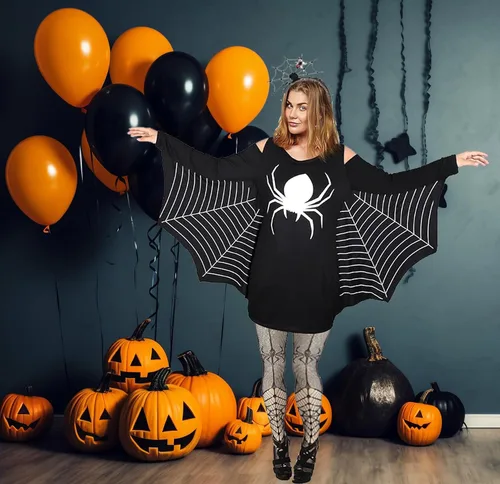 Vista 6 de ZANLER Disfraz de araña de 3 piezas para mujer, Halloween, diadema negra, capa de araña, vestido de Halloween, tela de araña, medias largas hasta