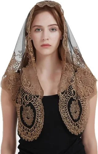 Vista 2 de Triángulo bordado velo católico para mujeres que cubre la cabeza Español Lace Mantilla