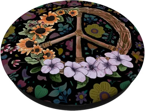 Vista 2 de Letrero de la paz de flores vintage – Retro de los 70 hippies Art Gift – PopSockets Grip y soporte para teléfonos y tabletas, Negro