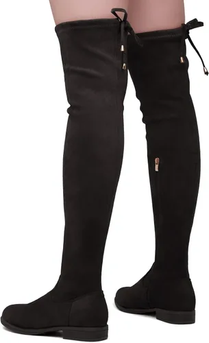 Vista 7 de Herstyle Botas altas hasta el muslo para mujer, con obsesión secreta, largas, elásticas, suaves, con tacón bajo, espalda de encaje, botas