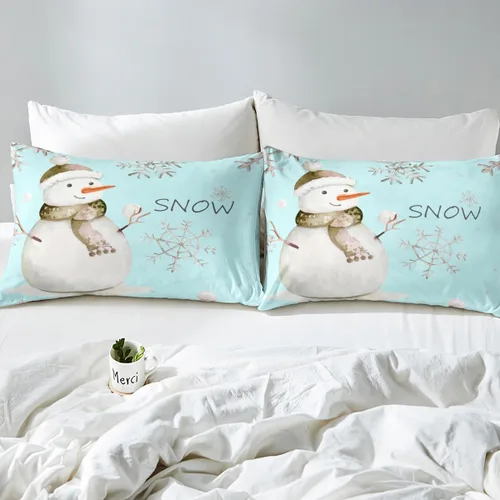Vista 5 de Erosebridal Kawaii - Juego de sábanas de muñeco de nieve para niños, sábanas individuales con temática de festival, patrón de copo de nieve de Azul