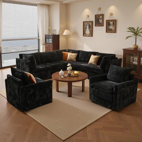 Vista 21 de Sofá seccional modular, conjunto de sofá en forma de L de 98" para sala de estar, 4 asientos cómodos tipo nube con sillas giratorias, combinación