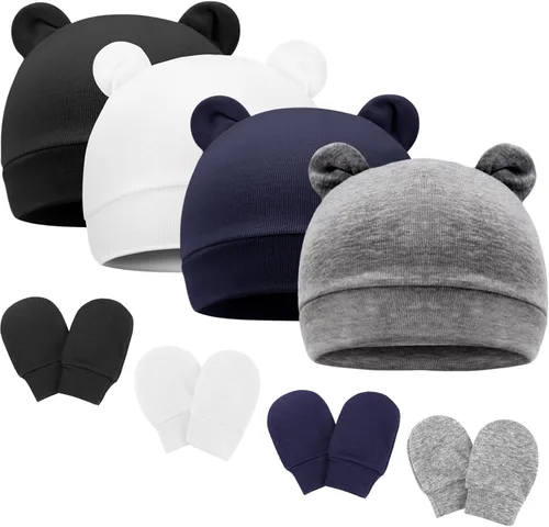 Vista 15 de DRESHOW Gorro de recién nacido con orejas de oso y manoplas, conjuntos de gorro de algodón para prematuros, gorro de bebé para niño y niña, gorro