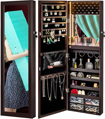 Vista 9 de Luxfurni - Joyero con espejo y 79 luces LED, gabinete para colgar en la pared o en la puerta, organizador con cerradura y cajones - Marrón
