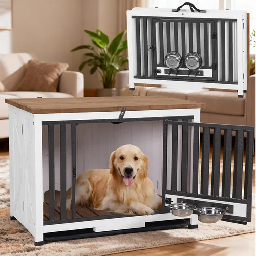 Vista 9 de Muebles de jaula para perros de 33.3 pulgadas, jaulas plegables para perros con cuencos giratorios de 360°, jaula de madera para cachorros con marco