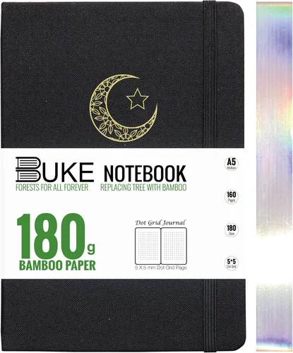 Vista 18 de BUKE Cuaderno de cuadrícula de puntos, papel blanco de bambú de 6.35 oz/m², 5 puntos de 0.197 x 0.197 in, 160 páginas, encuadernación plana, bordes