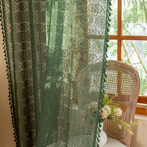 Vista 43 de YJ YANJUN - Cortinas de café boho, 24 pulgadas de largo, 2 paneles, cada una de 59" de ancho x 24" de largo, beige, con crochet, cortinas de cocina