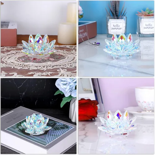 Vista 6 de OwnMy Figuras de flor de loto de cristal brillante de 3 pulgadas, adorno decorativo de flor de loto, decoración de loto Feng Shui, pisapapeles