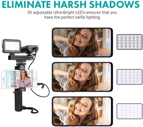 Vista 7 de Movo Kit de video inalámbrico para teléfono inteligente V2+ con trípode, agarre, micrófono de solapa inalámbrico, luz LED y control remoto,