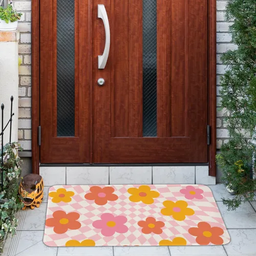 Vista 5 de EXUQO Tapete de puerta de flores, tapete delantero de flores rosas, tapetes retro de los años 70 para dormitorio de niñas, cocina, baño, felpudos