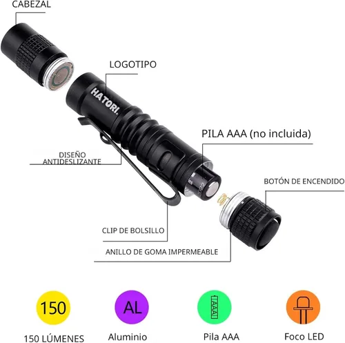 Vista 2 de Mini linterna táctica con LED, de la marca Hatori, con baterías AAA