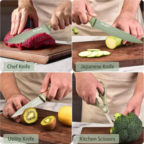 Vista 3 de Juego de cuchillos de cocina, 6 piezas, juego de cuchillos profesionales verdes con bloque de cuchillos universal, juego de cuchillos súper afilados