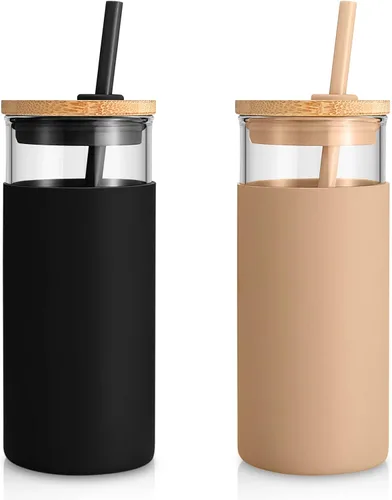 Vista 45 de Tronco Vaso de vidrio de 20 onzas con tapa y popote, taza de café helado y vaso para batido con tapas de bambú y funda protectora de silicona, apto