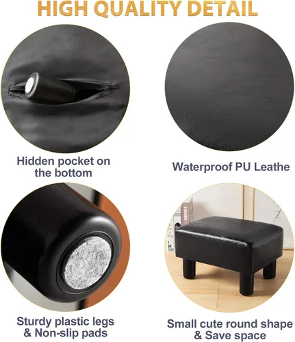 Vista 4 de LUE BONA Taburete rectangular moderno, reposapiés otomano acolchado de piel sintética negra, taburete pequeño para estar, adultos, patio
