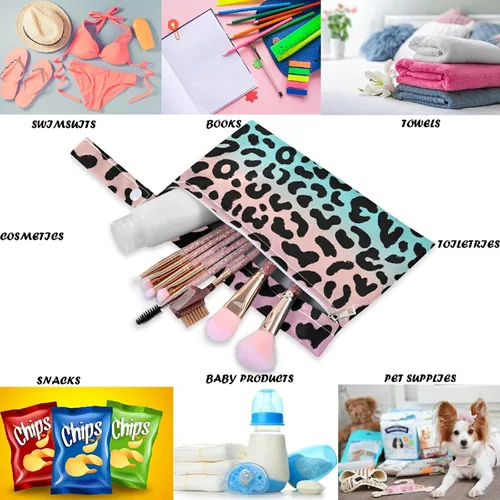 Vista 3 de visesunny Bolsa húmeda de grano de leopardo de colores 2 piezas con bolsillos con cremallera, lavable, reutilizable, espaciosa, bolsa de pañales