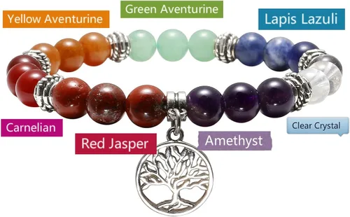 Vista 5 de Top Plaza Pulsera de curación de 7 chakras Reiki piedras reales yoga meditación mala pulseras elásticas para mujer aleación de plata dije de árbol