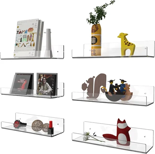 Vista 4 de Estante flotante de acrílico transparente de 15 pulgadas, 6 piezas montadas en la pared, estante invisible para especias, estantes de almacenamiento