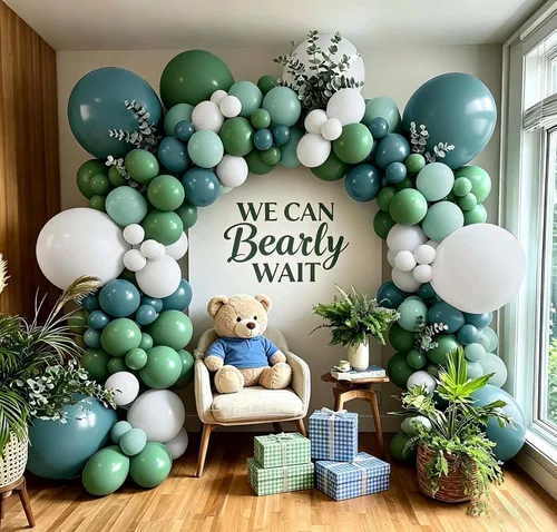 Vista 5 de Kit de arco de globos de color azul polvoriento, guirnalda de globos de látex de doble relleno, verde salvia, blanco mate, globos de látex para baby