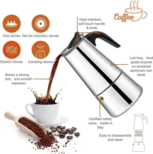 Vista 2 de Yosoo Cafetera, cafetera de acero inoxidable, cafetera para estufa, cafetera con filtro superior, cafetera fácil de limpiar (15.2 fl oz, 9 tazas)