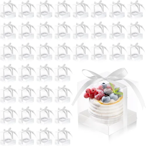 Vista 17 de Thenshop 50 cajas transparentes para cupcakes individuales de 3.5 pulgadas, cajas individuales de plástico para cupcakes con insertos y cinta