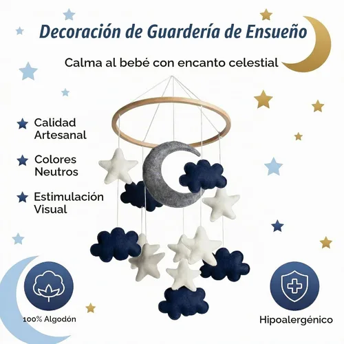 Vista 5 de Móvil para bebés - Luna azul, estrellas y nubes para cuna