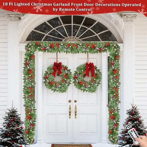 Vista 5 de Control remoto – Guirnalda de Navidad preiluminada de 18 pies de largo para exteriores, 100 luces blancas cálidas y coloridas, temporizador, 12